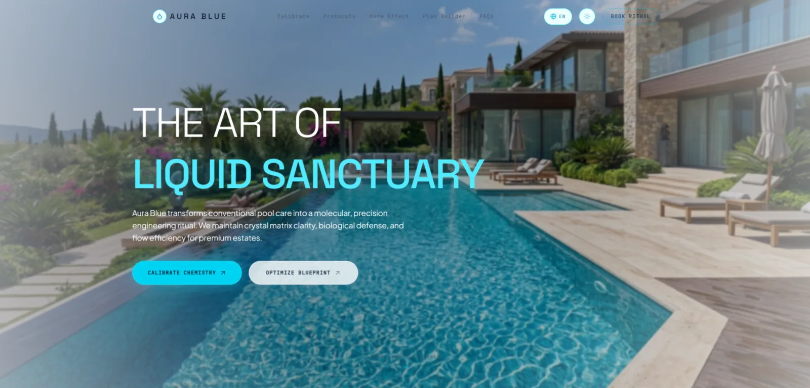Aura Blue luxury pool-care website hero